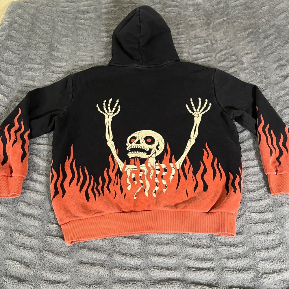Cool Shirtz You Died Skeleton Flame Hoodie Black Orange Mens Medium 100% Cotton
